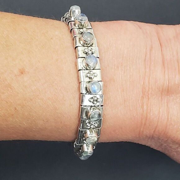 Sterling Silver 925 Opalite Glass Cabochon Panel Bead Link Bracelet Chunky 7.25" - Picture 14 of 15